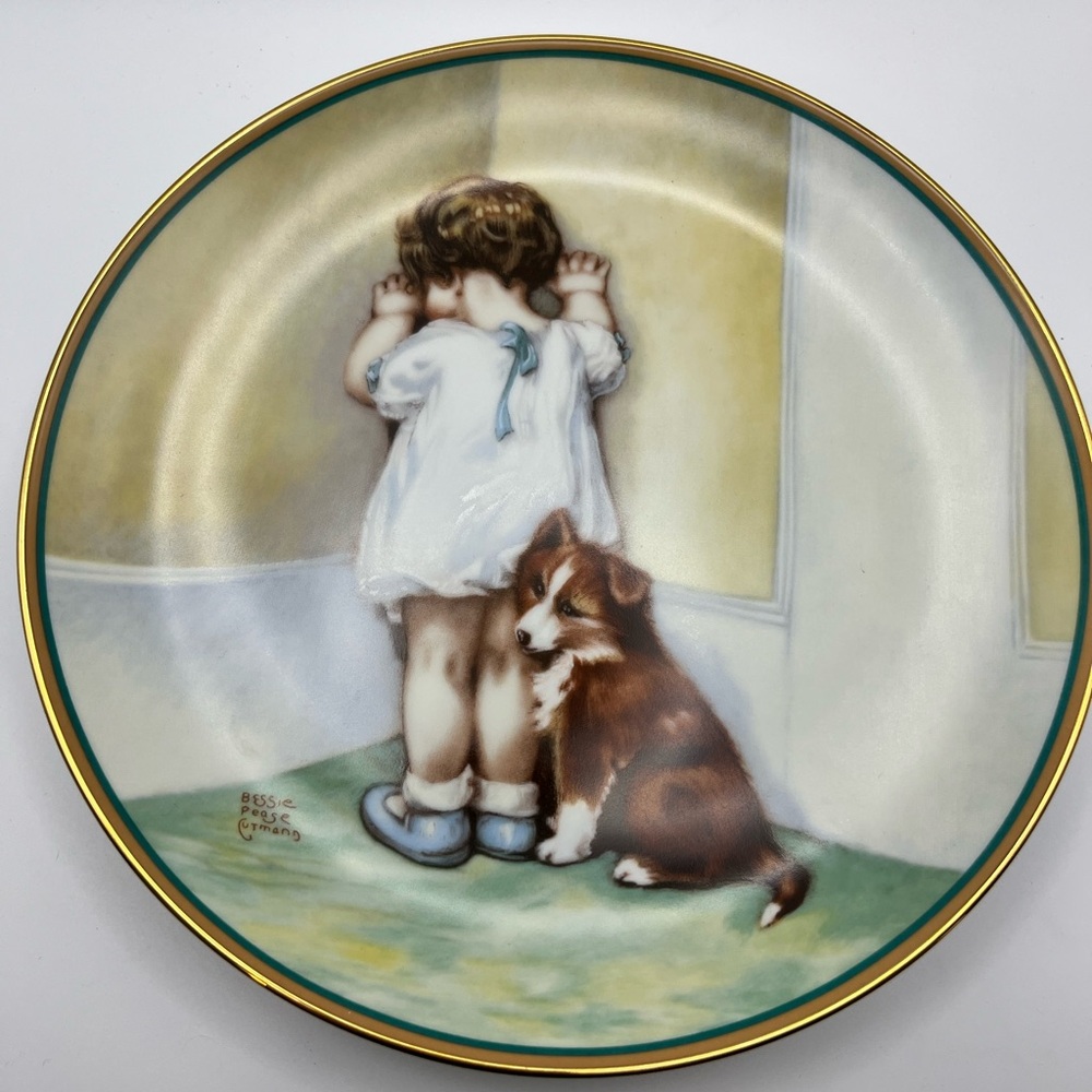 Decorative Wall Plate with Girl and Puppy Motif - White and Brown
